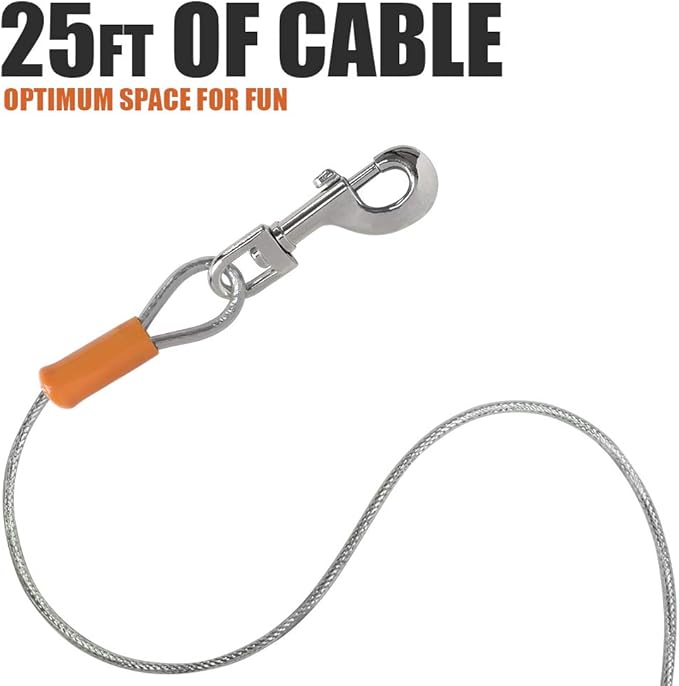 BV Dog Tie Out Cable 25 Feet - Heavy Duty Dog Lead up to 90 Pounds - Reflective & Rust-Free with Quick Release Swivel Clips & 360° Rotating Clasp - Tangle-Free Dogs Runner for Yard (Silver, Single)