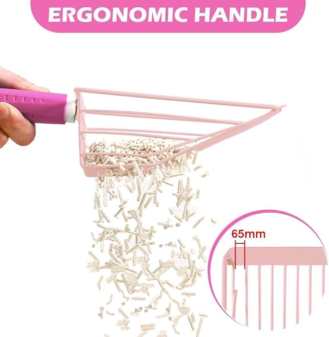 Cat Litter Scoop, 2-in-1 Detachable Ergonomic Handle, Metal, Bar Grid Shape with Suspendable Cord (Pink)