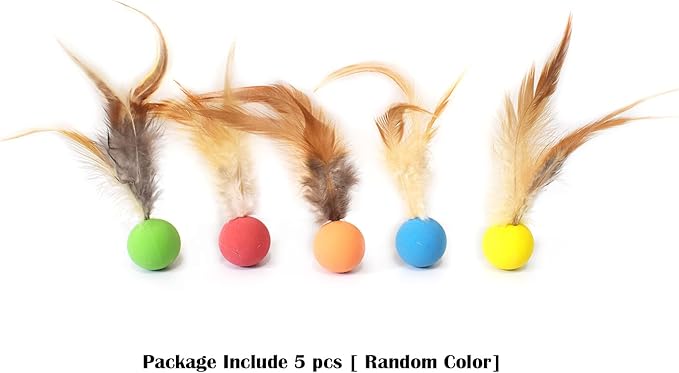 Cat Toy Balls, 5 PCS Colorful Feather Bouncy Balls for Cats No Noise Interactive Kitten Toys Cat Exercise Ball, Safe for Your Kitty (A)