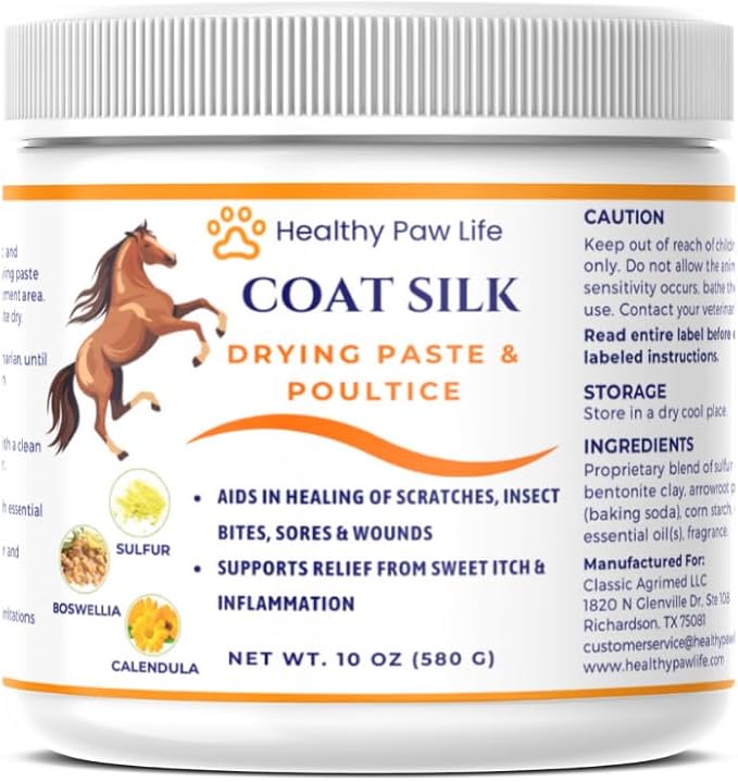 Coat Silk Drying Paste & Poultice for Horses – Natural Relief for Wounds, Scratches, Sores & Sweet Itch – Enriched with Sulfur, Boswellia & Calendula – 10 oz