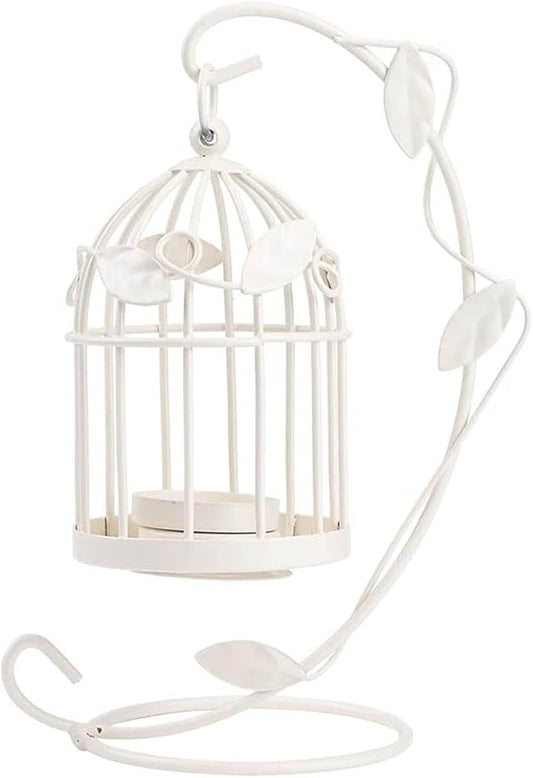 Birdcage Candle Holder, Hanging Candle Holder Decorative Bird Cages Bird Cage Decor Vintage Metal Candlestick for Wedding, Party(White)