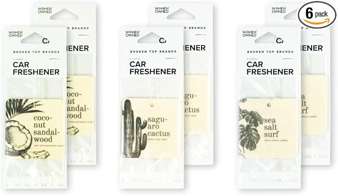 Broken Top Botanical Car Air Freshener Variety Pack, 6 Pack (2 Coconut Sandalwood, 2 Saguaro Cactus, 2 Sea Salt Surf)