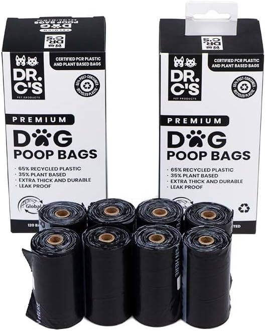 Certified 65% PCR (Post Consumer Recycled) Plastic and 35% Plant Based Dog Poop Bags - Dr. C's Premium Dog Poop Bags - 120 Bags / 8 Rolls, Extra thick, Leak Proof, Unscented, Earth Friendly