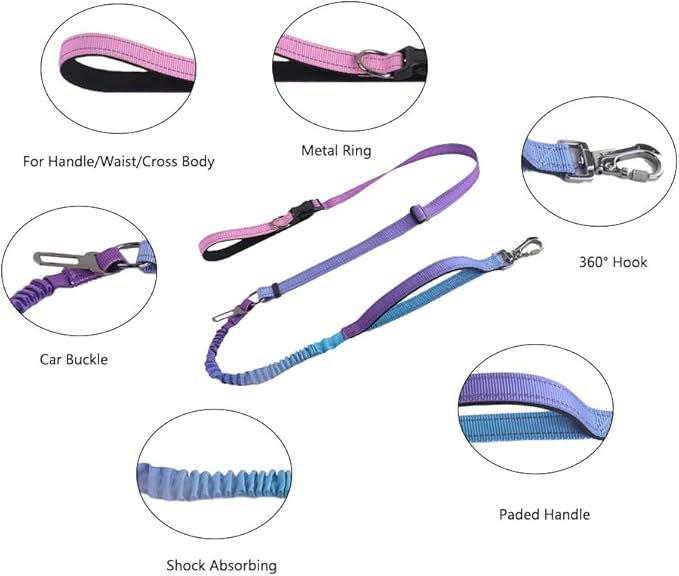 Hands Free Dog Leash for Large Medium Dogs Heavy Duty Bungee Reflective Adjustable Waist Leashes for Walking Running with Car Buckle 4-6FT (Purple)