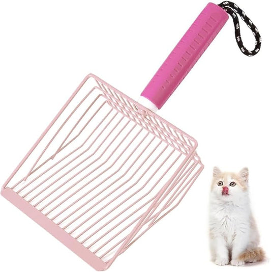 Cat Litter Scoop, 2-in-1 Detachable Ergonomic Handle, Metal, Bar Grid Shape with Suspendable Cord (Pink)