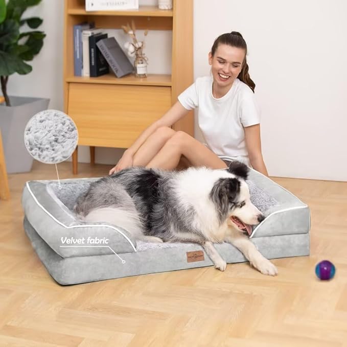 Comfort Expression Large Dog Beds Orthopedic Foam, Waterproof Dog Beds for Dogs Sofa Comfy Pet Bed with Washable Removable Cover & Non-Slip Bottom(Large,Grey White)