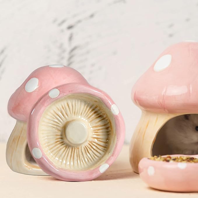 Ceramic Mushroom Guinea Pig House Hamster Hide Bed Includes Hamsters Food Bowl Guinea Pig Hideout for Hamster Chinchilla Hedgehog Rat Small Animals(Pink Mushroom Set)