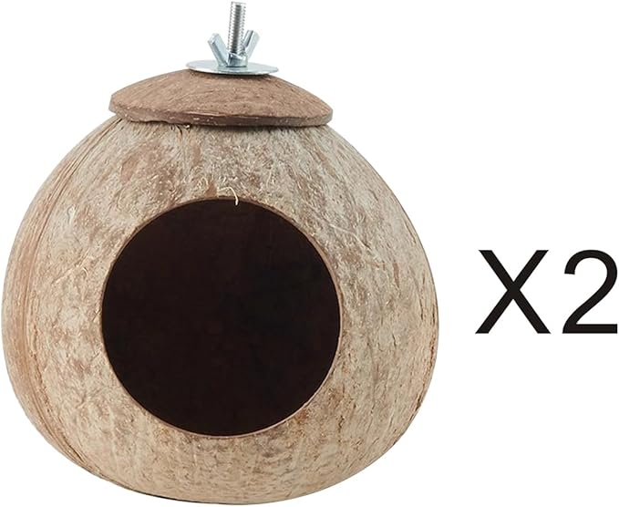 Bird Nest for Cage Natural Coconut Shell Birds House 2 Pack Parakeet Hide Breeding Hut Bird Cage Accessories & Decor Hamster Toys for Parrot Lovebirds Budgies Cockatiel Conure Finch Canary