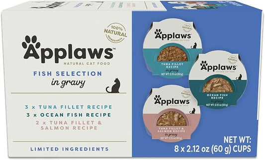 Applaws Natural Wet Cat Food in Gravy, Limited Ingredient, Grain-Free, No Artificial Cat Food Cups, Fish Selection in Gravy (18x 2.12 oz Cups)