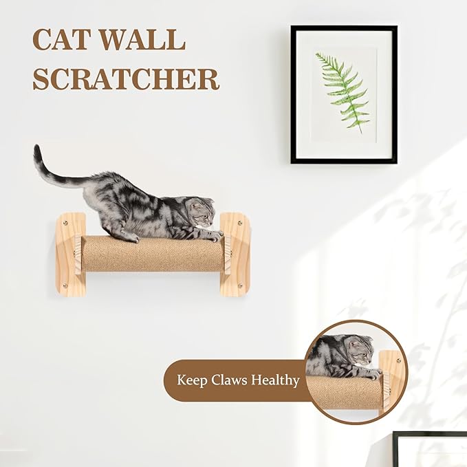 Cat Wall Shelves and Perches, Wall Mounted Cat Furniture with Hammock, Bridge, Tree, Steps and Scratching Posts, Wooden Climbing System for Indoor Large Cats and Kittens
