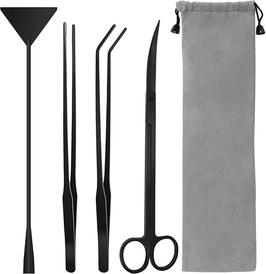 Aquarium Aquascape Tools Kit, 4 in 1 Anti-Rust Aquatic Plant Aquascaping Tool Stainless Steel Black Tweezers Scissors Spatula for Aquarium Tank Clean Fish Tank Aquascape Tools Sets (Black)