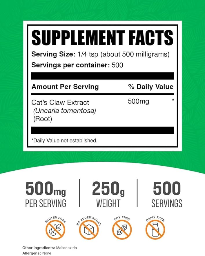 BulkSupplements.com Cat's Claw Extract Powder - Cat's Claw Supplement, Cats Claw Powder - Herbal Supplement, Gluten Free, 500mg per Serving, 250g (8.8 oz) (Pack of 1)