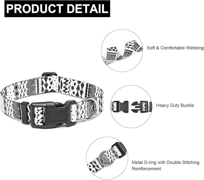 Mercano Adjustable Dog Collar - Special Design Patterns, Soft Nylon Comfortable Sturdy Pet Collar for Small Medium Large Dogs (L, Black White B)