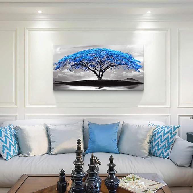 canvas wall art for living room bathroom Wall Decor Black and white landscape Blue tree moon painting to Hang Home Decorations for office bedroom kitchen Works canvas Prints pictures 24" x 48"inch