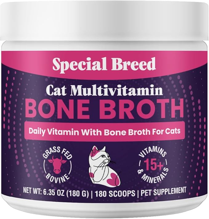 Cat Multivitamin with Grass-Fed Beef Bone Broth – Daily Supplement for Immune, Joint, Skin, Coat & Gut Health – Omega 3s, Lysine, Beta Glucan, Vitamins A-E, C, D – 180 Day Supply – No Fillers