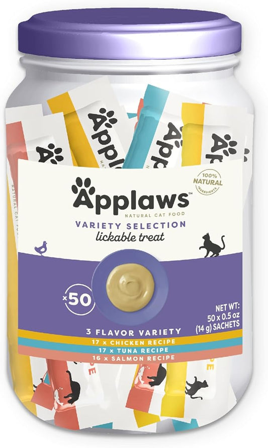 Applaws Lickable Cat Treats, Natural Grain-Free Purée, Limited Ingredient Variety Pack with Chicken, Tuna & Salmon Squeeze Up Treats (50 x 0.5oz Sachet Tub)