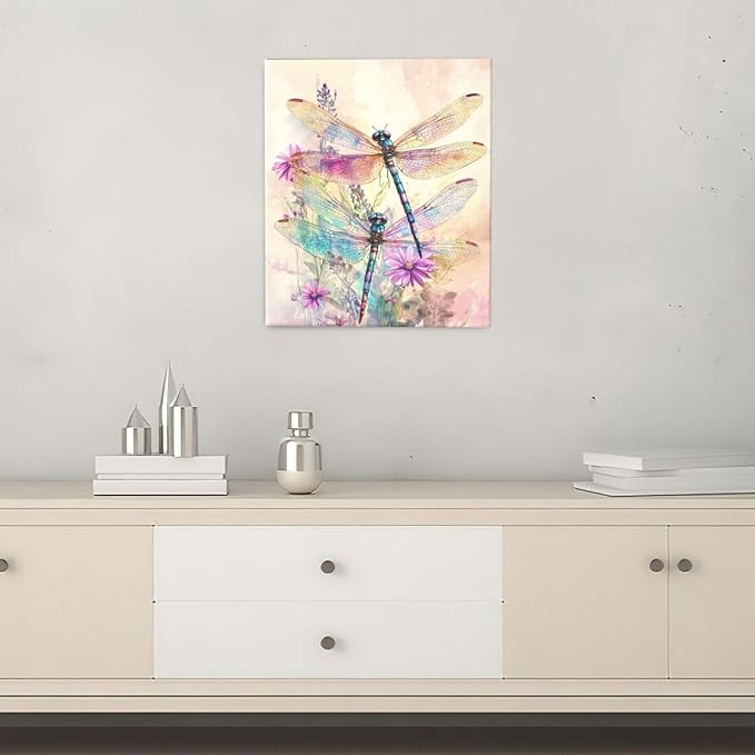 Dragonfly Bathroom Pictures Wall Art, Floral Bathroom Wall Decor, Framed Painting Canvas Artwork for Bedroom Living Room Decorations 24"L x 20"W