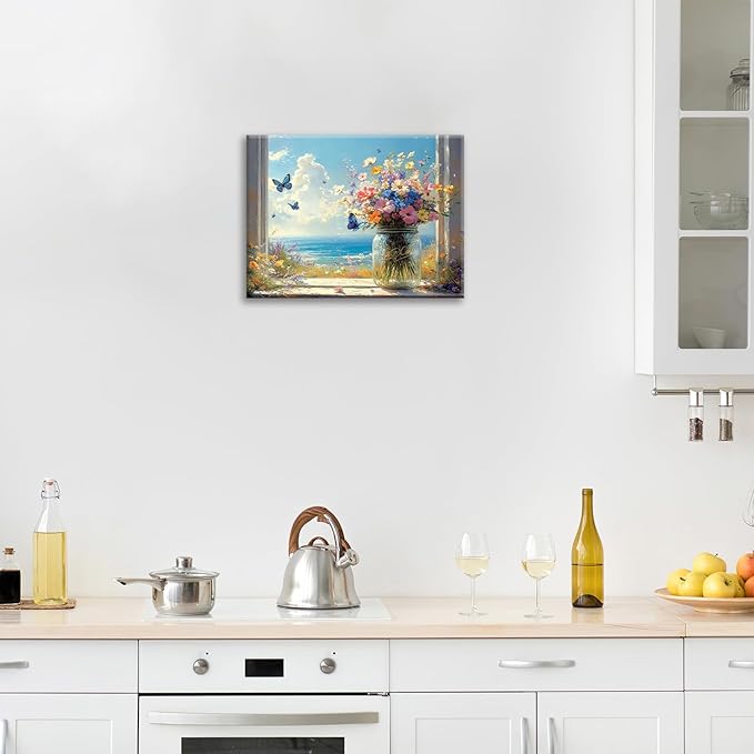 Beach Floral Bathroom Pictures Wall Art, Colorful Flower Bathroom Wall Decor, Coastal Ocean Framed Painting Canvas Artwork for Bedroom Living Room Decorations 20"L x 16"W