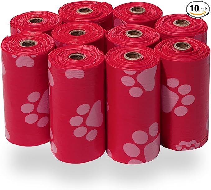 Best Pet Supplies Dog Poop Bags (150 Bags) for Waste Refuse Cleanup, Doggy Roll Replacements for Outdoor Puppy Walking and Travel, Leak Proof and Tear Resistant, Thick Plastic - Red