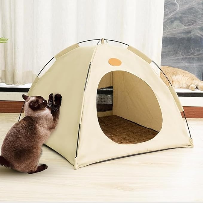 BreezyDen Pop-Up Pet Tent – Portable Indoor/Outdoor Cat Tent, Waterproof Pet Hideaway for Cats & Small Dogs with Mesh Window, Anti-Slip Base & Washable Design (Coffee, S (4 catties Kitten))