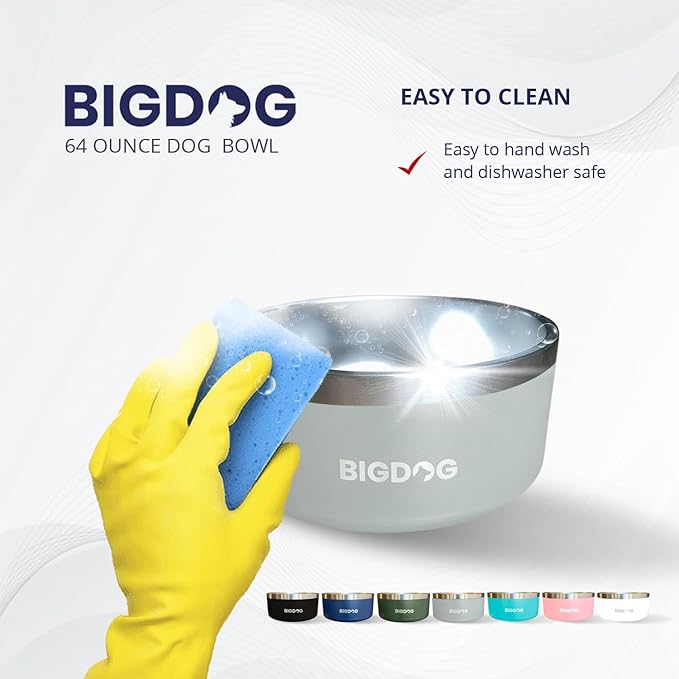 BigDog Dog Bowls, Dog Bowls for Large Dogs, Stainless Steel Dog Bowls, No Spill Dog Bowls, Dog Food and Water Bowl (64 Ounce, Pink)