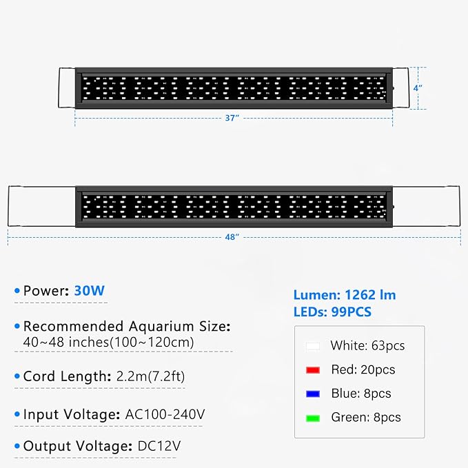 AQQA Aquarium Light,Full Spectrum Fish Tank Light for Plants,3 Mode+Timer+Adjustable Brightness,High Brightness LED Beads with Extendable Brackets for Freshwater (30W for 40-48inch)