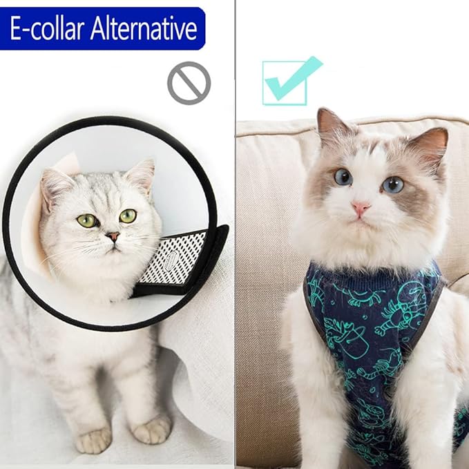 Cat Surgery Recovery Suit Cat Onesie for Cats After Surgery for Surgical Abdominal Wound Or Skin Diseases E-Collar Alternative Wear Neutering Bodysuit Wear (Dark-Blue-L)