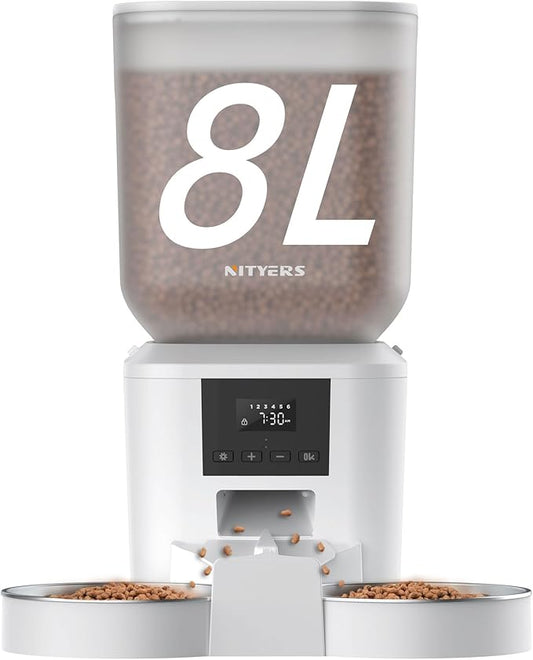 Automatic Cat Feeder for 2 Cats - 8L/34 Cups Large Capacity Auto Food Dispenser with LCD Screen, 2 Food Trays, Timed Cat Feeder, Up to 50 Portions 6 Meals Per Day, Keep Fresh, White