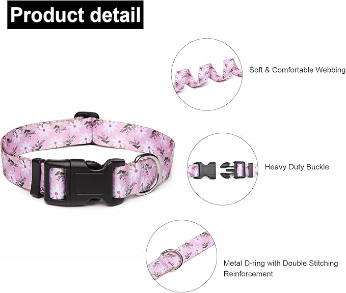 Mercano Adjustable Dog Collar - Special Design Patterns, Soft Nylon Comfortable Durable Pet Collar for Small Medium Large Dogs (L, Pink White Flower)