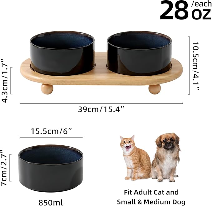 Ceramic Elevated Dog Bowls, Food and Water Bowls for Dogs, Puppy, Raised Dog Dish, Pet Feeder(6inch, 2 x Starry Sky + Stand)