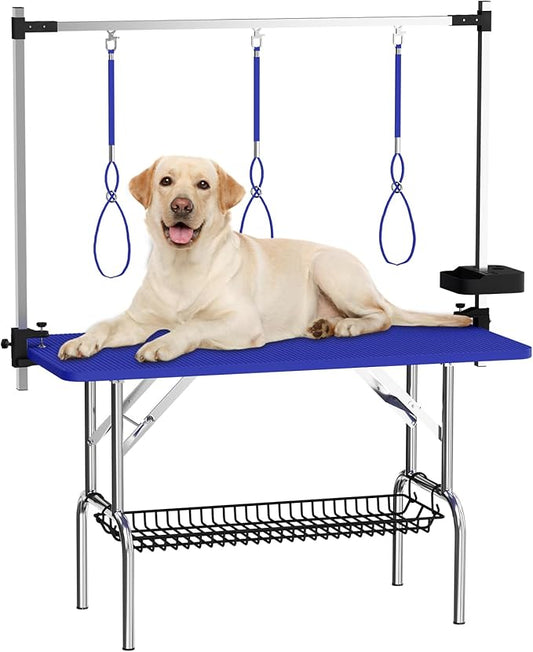 VFK 47'' Large Dog Grooming Table Stainless Steel Foldable Grooming Table for Dogs at Home Adjustable Height Arms Pet Station with Nooses, Mesh Tray, Tool Organizer