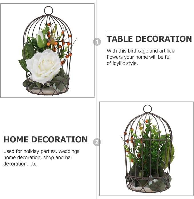 BESTOYARD Hanging Bird Cage Decor with White Simulation Rose Flowers for Home Wedding Table and Garden Ornament