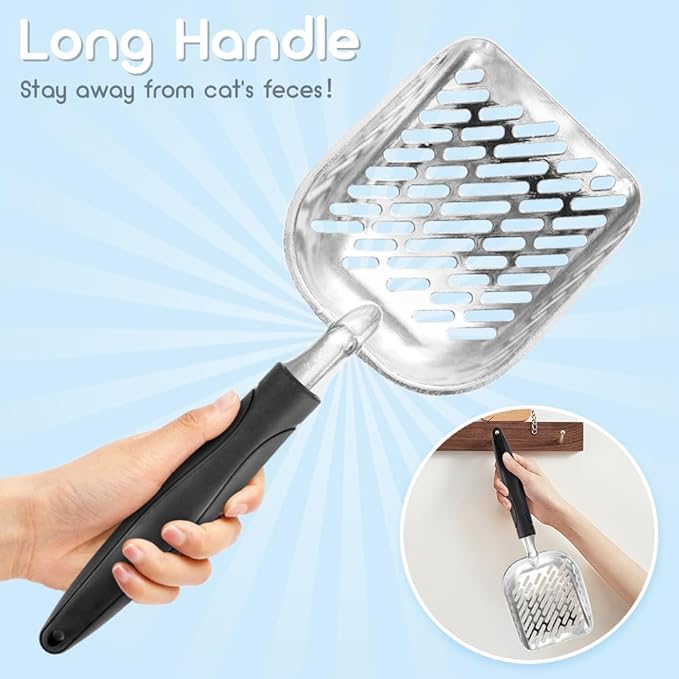 Cat Litter Scoop,Long Handle Cat Scooper,Stainless Steel Metal Scoop,Poop Sifting,Mesh Shovel,Suitable for Cat Litter Box(Black)