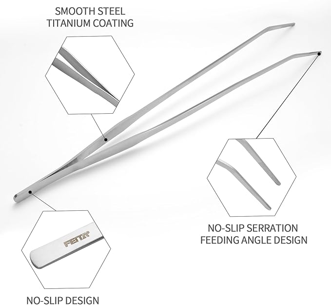 Aquarium Tweezers Extra Long 15 inches Feed Tong clamps - FEITA Straight and Curved Stainless Steel 38cm Tweezers Set for Fish Tank Plants Aquascape Tools & Reptile Feeding Tongs - Sliver 2Pcs
