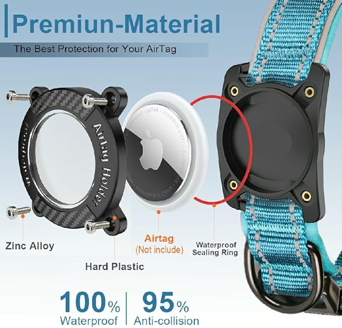Upgraded AirTag Dog Collar, IP68 Waterproof Dog Collar with Apple Air Tag Holder, Reflective Adjustable Heavy Duty Dog Collars with Soft Padded for Small, Medium and Large Dogs,Blue, M