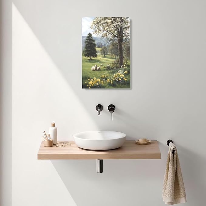 Country Sheep Canvas Wall Decor Farmhouse Rustic Lamb Wildflower Wall Art Nature Countryside Landscape Pictures Painting Print Framed Artwork Decorations for Bathroom Living Room Bedroom 16"x24"