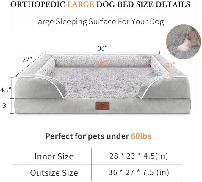 Comfort Expression Orthopedic Memory Foam Dog Bed, Waterproof Dogs Beds Large Sized, Washable Cooling Dogs Beds with Removable Cover, Pet Sofa with Bolster(Large,Light Grey)