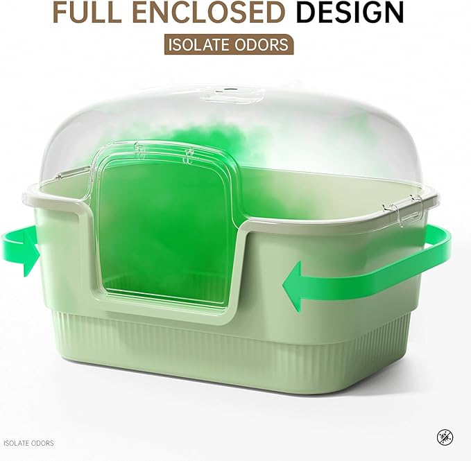 Cat Litter Box with Litter Mat and Scoop,High Wall Enclosed Cat Litter Boxes for Anti-Leakage, Covered Kitty Litter Box with Handle and Buckles for Portability and Privacy, Odor Control (Green)