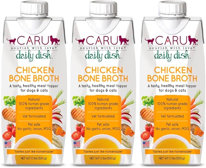 Caru - Daily Dish Chicken Bone Broth Meal Topper for Dogs & Cats - Savory Pour-Over Broth - 3 Pack