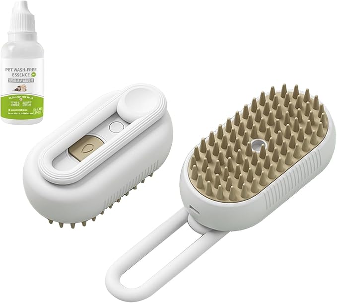 Cat Steam Brush - 5 In1 Grooming Kit for Cats and Dogs Silicone Massage Tool - Stainless Steel Nail Scissors - Hair Detangling Comb - Water Spray Rechargeable Shedding Wash-Free Essence (White)