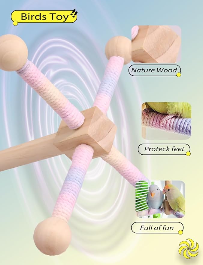 Bird Stand Perch Toy, 360° Rotating Natural Wooden Parrot Perch for Bird Cages, Colorful