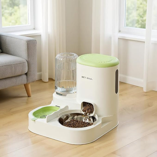 Automatic Cat Feeder & Water Dispenser - Dual Container for Dry/Wet Food, Two-in-One Upgraded Gravity Feeder and Water Dispenser Combo Set for Cats and Dogs.(Green)