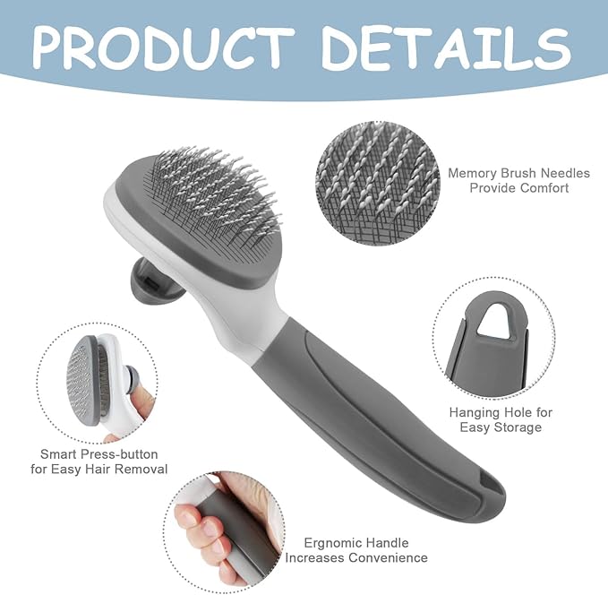 Cat Brushes for Indoor Cats, Dog Brush for Shedding with Metal Cat Comb, Self Cleaning Pet Hair Brush with Release Button for Grooming Kitten(Dark Grey)