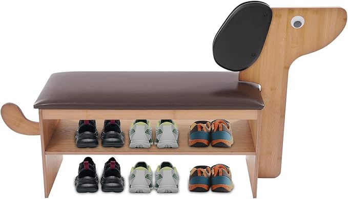 Cute Dog Shoe Bench with Cushion, 51.6”L x 11.8”W Puppy Shoe Storage Bench Dark Brown 2-Tire Bamboo Shoes Rack Bench for Entryway Living Room Hallway Bedroom 220Lbs Load Capacity