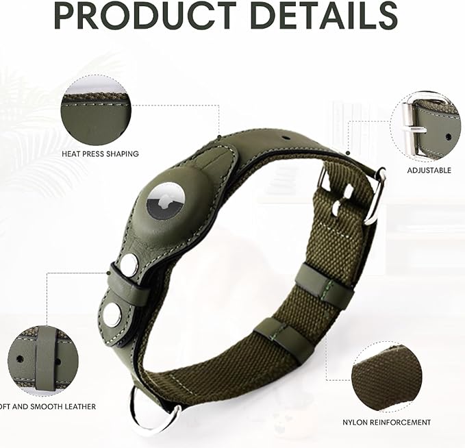 AirTag Dog Collar Soft Leather Webbing Dog Collar for AirTag Provides Double Protection for Small Medium and Large Dogs(Green,M)