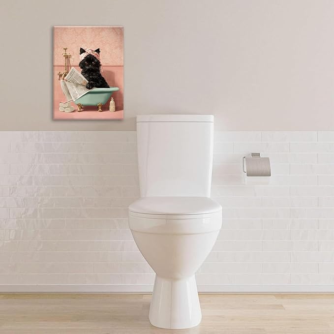 Cat Bathroom Wall Decor Black Cat Reading Newspaper in Bathtub Canvas Wall Art Funny Bathroom Pictures Kitten Painting Print Pink Artwork Framed Decorations Gifts 24"x20"