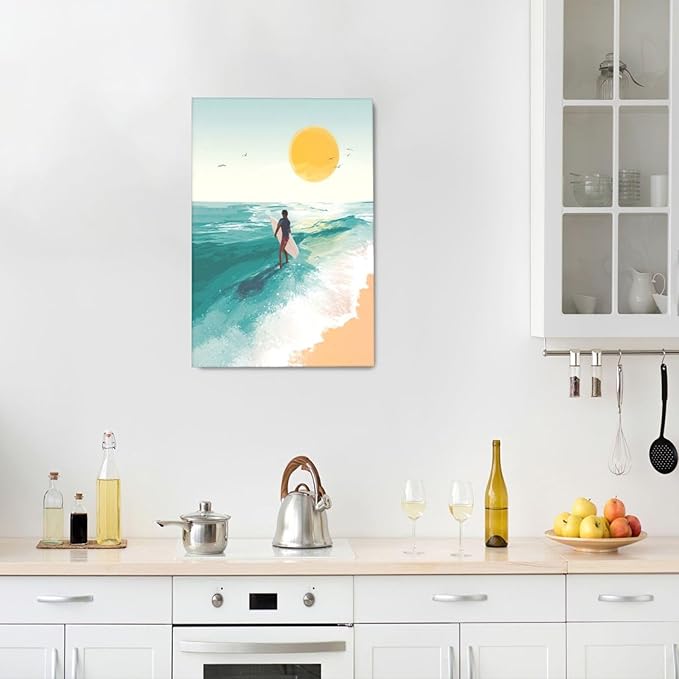 Beach Surfing Wall Art Ocean Coastal Wave Canvas Wall Decor Summer Nature Seascape Pictures Painting Print Framed Artwork Decorations for Bathroom Living Room Office Bedroom 16"x24"