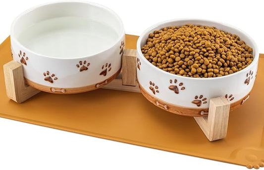 Ceramic Dog Bowls for Small and Medium Dogs, 32 OZ Dog Food and Water Bowl Set with Wooden Stand and Non-Slip Silicone Food Mat, Weighted Embossed Cute Puppy Bowls Feeding Dishes Set of 2