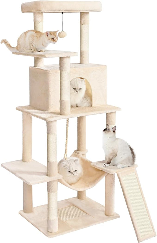 Cat Tree Tower 63in Multi-Level Cat Tower for Indoor Cats with Sisal Scratching Posts, Condo, Hammock, Dangling Ball and Extended Platform for Cats to Play, Beige