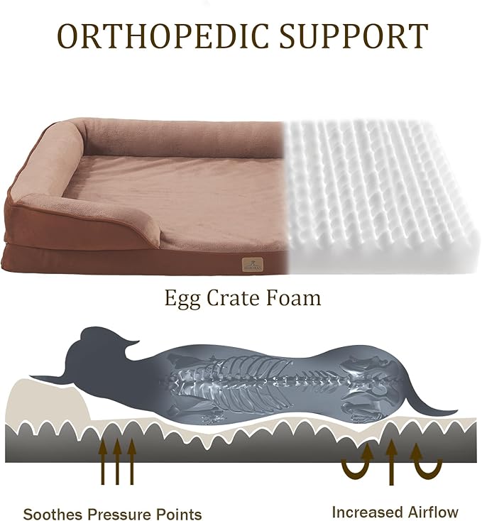 Bedfolks Orthopedic Dog Bed, Waterproof Dog Sofa Bed for Small Dogs & Cats, Egg Foam Pet Couch Bed with Removable Washable Cover and Nonslip Bottom, Brown